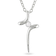 Solitaire Diamond Sterling Silver Cross Pendant Necklace