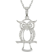 Diamond Accent 10K White Gold Owl Pendant Necklace