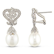 Fancy 10K White Gold Diamond White Freshwater Pearl Drop Earrings