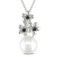 0.07 CTW Black Diamond 9 - 9.5 MM White Freshwater Pearl Fashion Pendant with Sterling Silver Chain