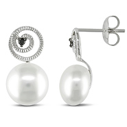 Spiraling Silver Black Diamond 9-9.5mm Freshwater Pearl Drop Earrings
