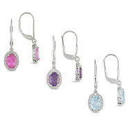 0.03 CT TDW & 5.80 CT TGW 7x5mm Synthetic Pink Sapphire, Sky BT, & Amethyst 3pc Set Of Silver Leverback Earrings
