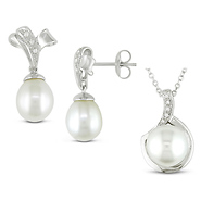 2pc Silver Set Of Freshwater Pearl & Diamond-Accent Earrings & Pendant w/ Chain