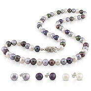 4pcs Set of 6-7mm White/Black/Grey Freshwater 18in Pearl Necklace w/ Silver Tone Fish Eye Clasp & 3 pairs of Silver Freshwater Button Pearl Stud Earrings