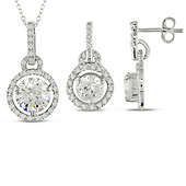 Sterling Silver Set Of Rd 1-1.5mm & 6-10mm White CZ 0Earrings & Pendant W/ Chain