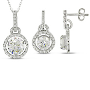 Sterling Silver Set Of Rd 1-1.5mm & 6-10mm White CZ 0Earrings & Pendant W/ Chain
