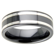 8mm Black Ceramic Silver Inlay Polished Wedding Band