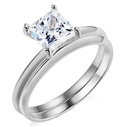 Simple Princess Cut Solitaire 14K White Gold CZ Wedding Band Set