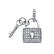 14K White Gold CZ Cubic Zirconia Lock & Key Charm Pendant