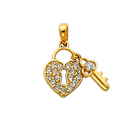 14K Yellow Gold CZ Cubic Zirconia Small Heart Lock & Key Charm Pendant
