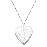 Flourish Engraved 14K White Gold Heart Locket Pendant & Rolo Chain Set