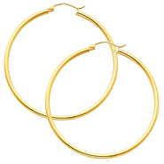 14K Yellow Gold 2mm Classic High Polished Extra Large Hinged Hoop Earrings  (2.2' or 55mm Diameter)