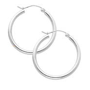 14K White Gold 2mm Classic High Polished Hinged Hoop Earrings  (1' or 25mm Diameter)