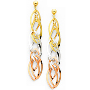 14K 3 Tri-Color Gold Twisted Dangle Hanging Earrings with Pushback for Women