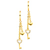 14K Yellow Gold Fancy Heart Key CZ Cubic Zirconia Dangle Hanging Earrings with Fishhook