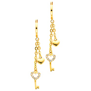 14K Yellow Gold Fancy Heart Key CZ Cubic Zirconia Dangle Hanging Earrings with Fishhook