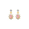 14K Yellow Gold Hanging Flower Pink CZ Stud Earrings with Screw-Back for Children & Teen