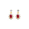 14K Yellow Gold Hanging Flower Red CZ Stud Earrings with Screw-Back for Children & Teen