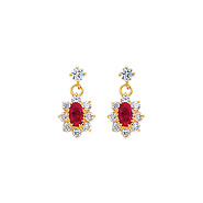 14K Yellow Gold Hanging Flower Red CZ Stud Earrings with Screw-Back for Children & Teen