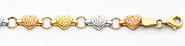 14K 3 Tri-Color Diamond Cut Stampato Heart Bracelet with Lobster Claw Clasp - 7.25' Inches