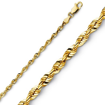 14K Yellow Gold 2.5mm Diamond Cut Solid Rope Chain Necklace with Lobster Claw Clasp
