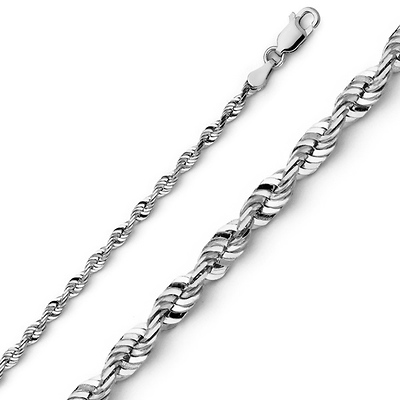 14K White Gold 2.5mm Diamond Cut Solid Rope Chain Necklace with Lobster Claw Clasp