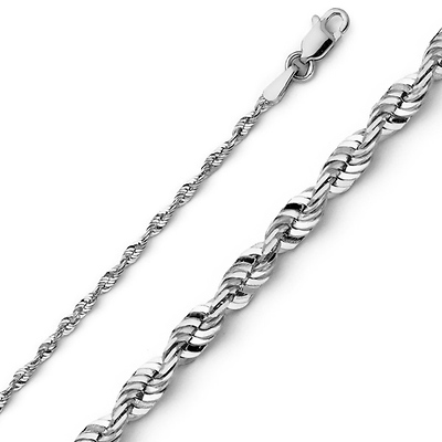 14K White Gold 2mm Diamond Cut Solid Rope Chain Necklace with Lobster Claw Clasp