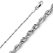 14K White Gold 1.5mm Diamond Cut Solid Rope Chain Necklace with Lobster Claw Clasp