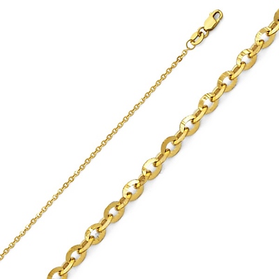 14K Yellow Gold 1.6mm Diamond cut Rolo Cable Chain Necklace with Lobster Claw Clasp