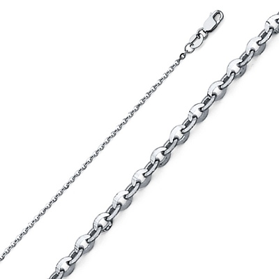 14K White Gold 1.6mm Side Diamond-cut Rolo Cable Chain Necklace with Lobster Claw Clasp
