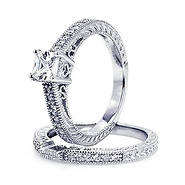 Vintage Style .925 Sterling Silver CZ Engagement Ring Set