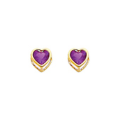 14K Yellow Gold 5mm Heart Bezel Set February CZ Birthstone Stud Earrings (Amethyst, Purple)