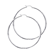 14K White Gold 2mm Thickness Diamond Cut Satin/High Polished Elegant Hoop Earrings  (2.2