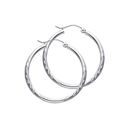 14K White Gold 2mm Thickness Diamond Cut Satin/High Polished Elegant Hoop Earrings  (1.2