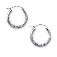 14K White Gold 2mm Thickness Diamond Cut Satin/High Polished Elegant Hoop Earrings  (0.7