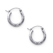 14K White Gold 2mm Thickness Diamond Cut Satin/High Polished Elegant Hoop Earrings  (0.5