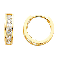 14K Yellow Gold 4mm Thickness Princess 6 Stone CZ Channel Set Large Polished Hoop Huggies Earrings  (0.6' or 15mm)