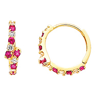14K Yellow Gold 4mm Thickness Designer Round Red CZ Polished Hoop Huggies Earrings (0.5' or 13mm)