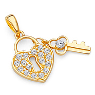 14K Yellow Gold Cubic Zirconia Small Heart Lock & Key Charm Pendant