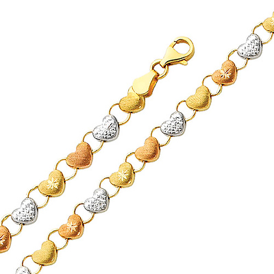 Diamond Cut Stampato Heart Tri-Color 14K Gold Bracelet