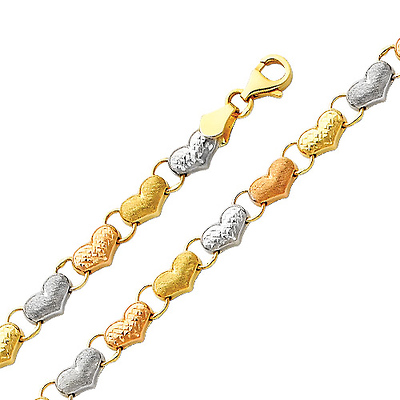 Tri-Color Diamond Cut Stampato Heart 14K Gold Bracelet