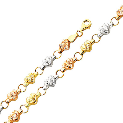 Diamond Cut Stampato Heart Tri-Color 14K Gold Bracelet