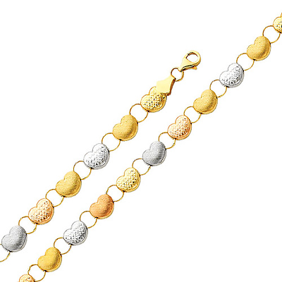 Diamond Cut Stampato Heart Tri-Color 14K Gold Bracelet