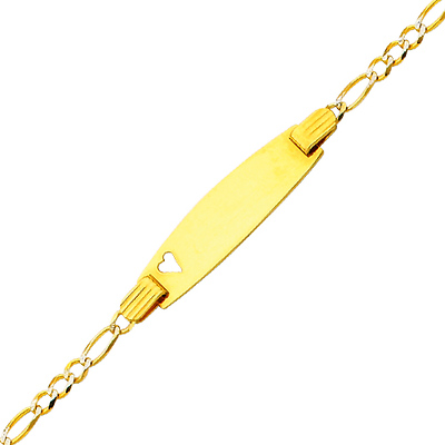 2.5mm White Pave Heart Figaro 14K Yellow Gold Baby ID Bracelet