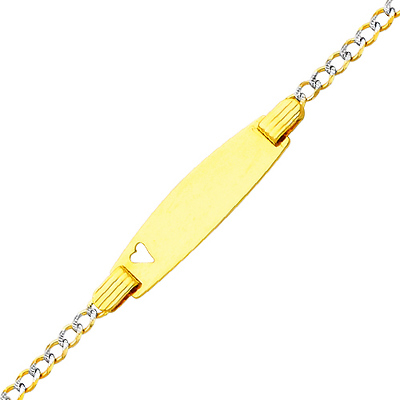 2.5mm White Pave Heart Concave Curb 14K Yellow Gold Baby ID Bracelet