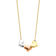 14K Tri-Color Gold Heart Hanging 1.5mm Rolo Cable Chain Necklace