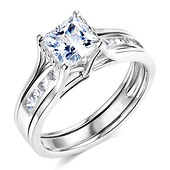 Princess  Solitaire Sterling Silver CZ Engagement Ring Set