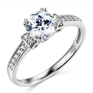 14K White Gold Basket Set Round Cut & Side Stone CZ Engagement Ring