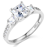 14K White Gold 3 Stone Princess Cut CZ Engagement Ring with Side Stones
