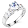 White Gold Round Cut Solitaire & Baguette Side CZ Engagement Ring
